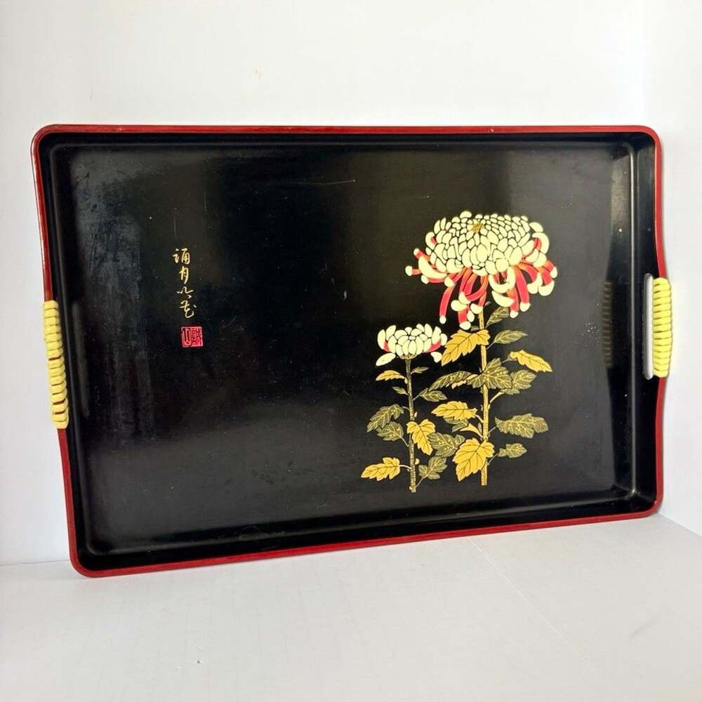 Vintage Marusei Japan Lacquerware Tray Chrysanthemum Floral 15x11